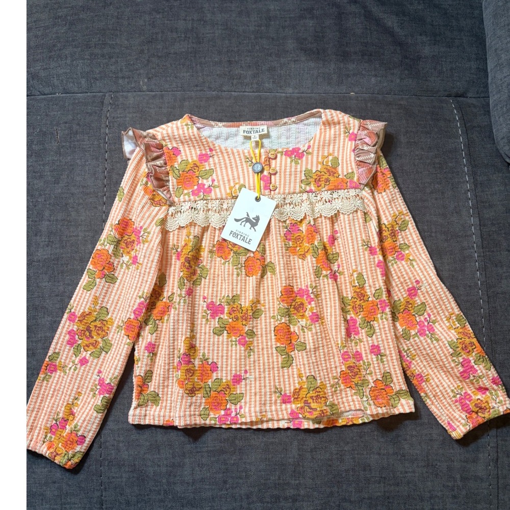 Finding Foxtale Girls Floral Stripe Ruffle Lace Top Orange Pink Size 6 F24T195